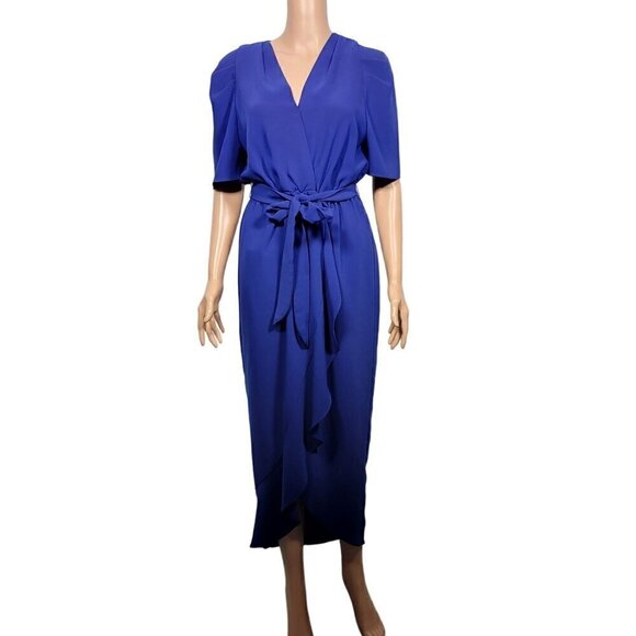 AMANDA UPRICHARD NY Women's Royal Blue Faux Wrap Short Sleeve Midi Dress Size M - Picture 1 of 11